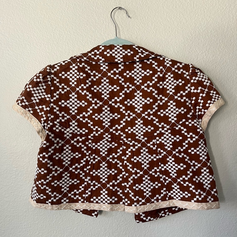 Vintage Nanette Lepore Brown White Atomic Embroidered Retro Jacket Women Size 6 - Picture 2 of 16